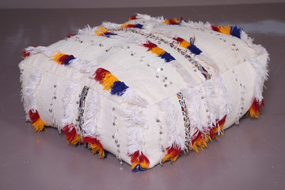 Moroccan Handira Poufs with Multicolor Fringe & Sequins - Image 5