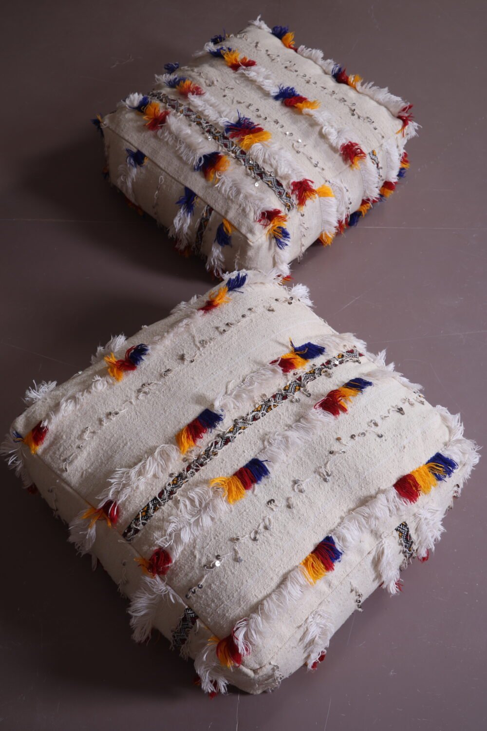 Moroccan Handira Poufs with Multicolor Fringe & Sequins - Image 2