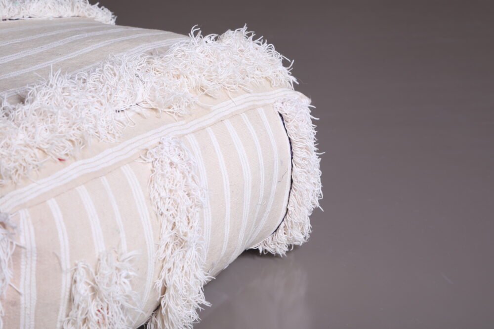 Cream Striped Moroccan Pouf with Fringe - Image 2