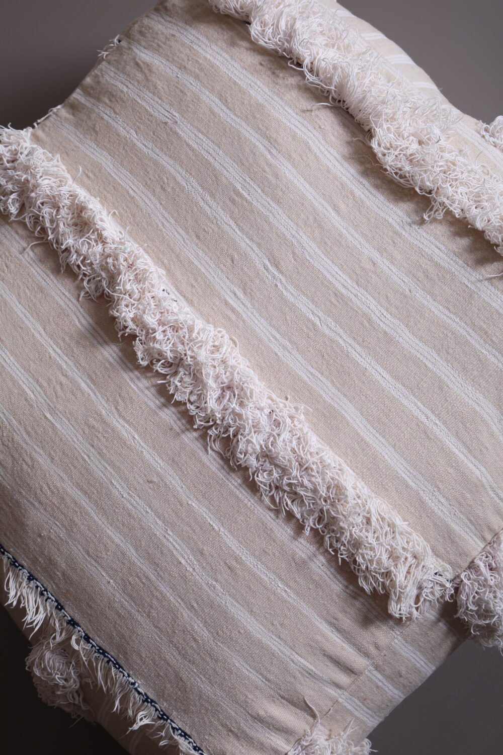 Cream Striped Moroccan Pouf with Fringe - Image 3