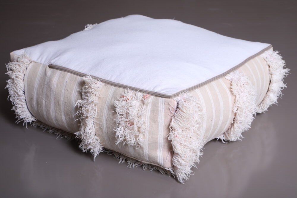 Cream Striped Moroccan Pouf with Fringe - Image 4