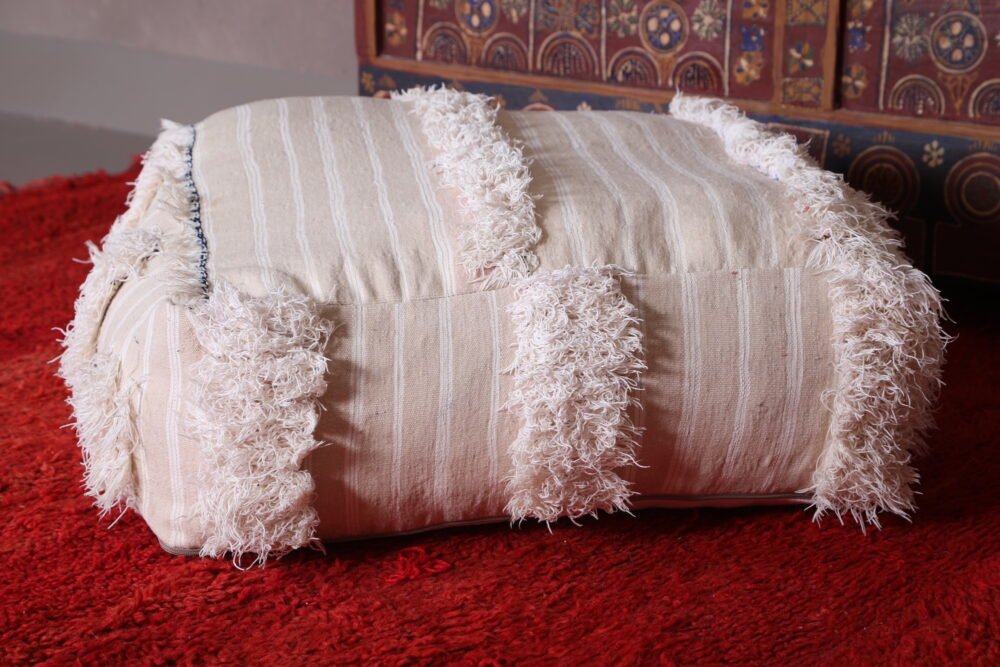 Cream Striped Moroccan Pouf with Fringe - Image 5