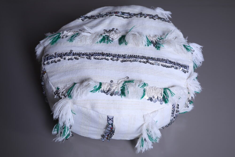 White Moroccan Wedding Pouf with Green Fringe - Image 2