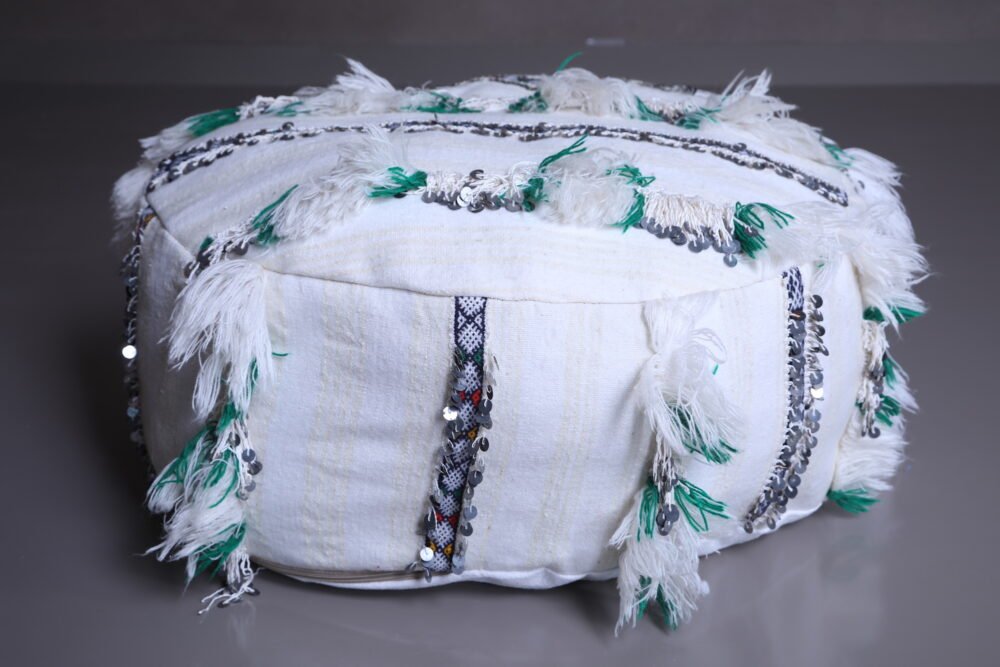 White Moroccan Wedding Pouf with Green Fringe - Image 3