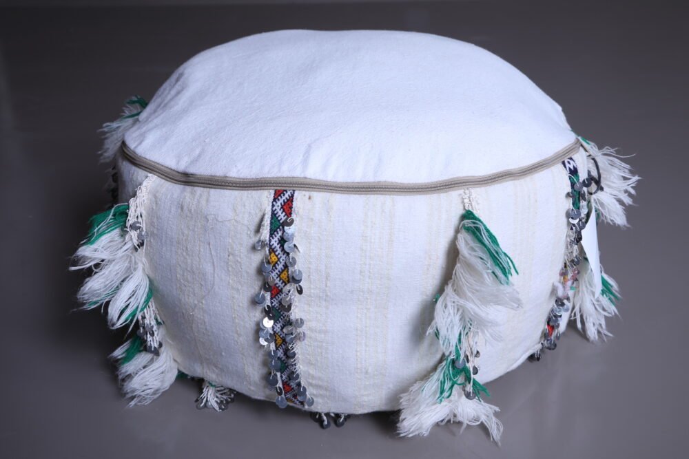 White Moroccan Wedding Pouf with Green Fringe - Image 4