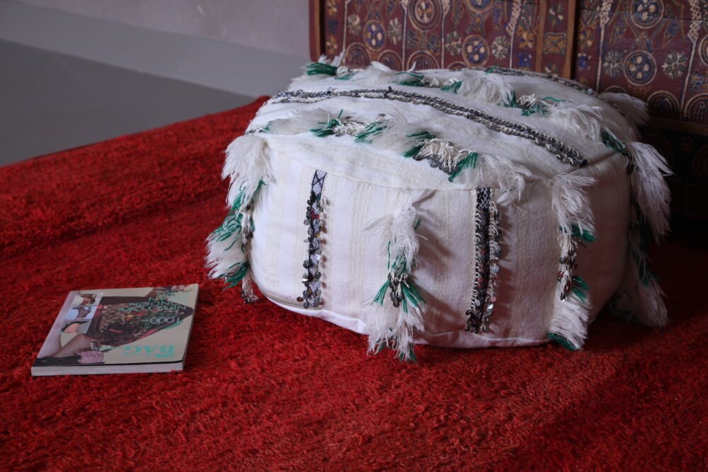 White Moroccan Wedding Pouf with Green Fringe - Image 5