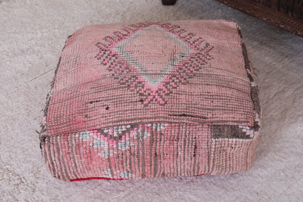 Vintage Pink Moroccan Pouf | Diamond Pattern Floor Pillow - Image 5