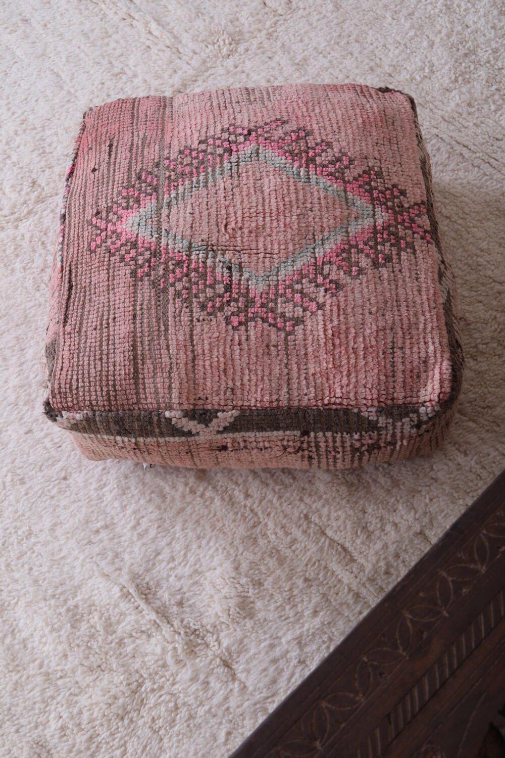 Vintage Pink Moroccan Pouf | Diamond Pattern Floor Pillow - Image 6