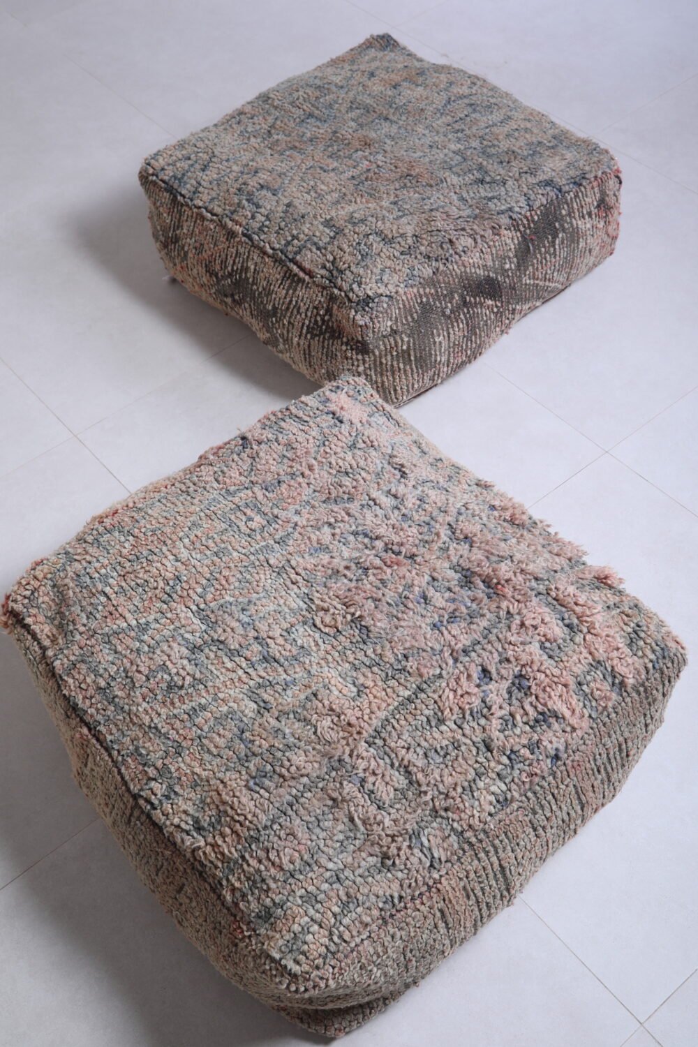 Soft Grey and Coral Moroccan Pouf Set - Image 5