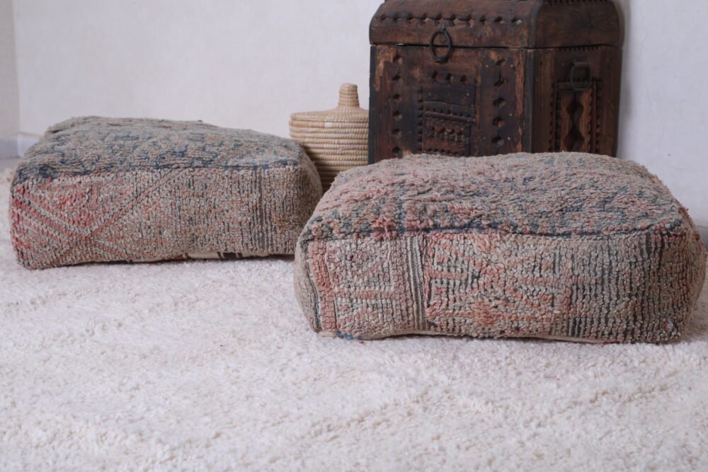 Soft Grey and Coral Moroccan Pouf Set - Image 6