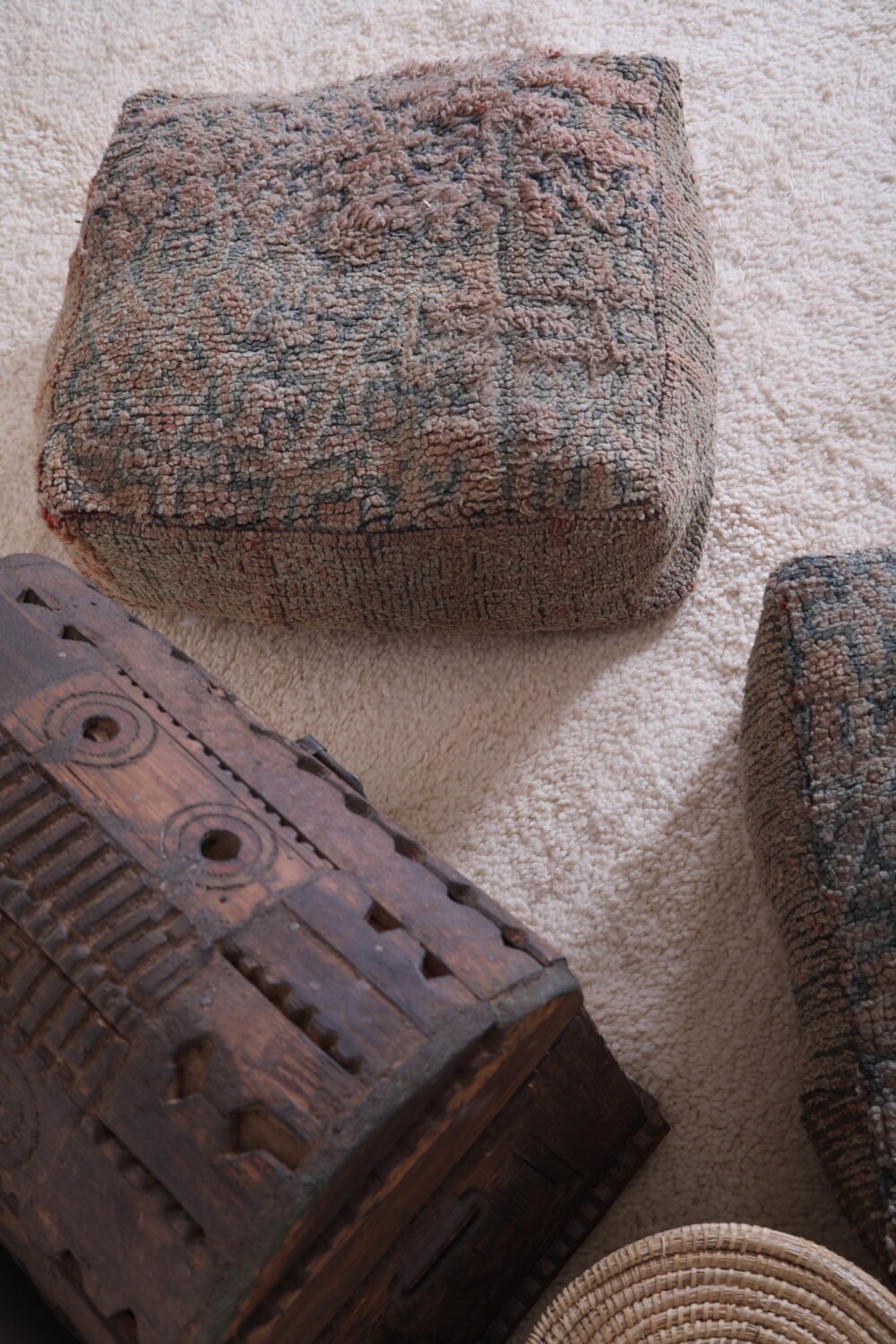 Soft Grey and Coral Moroccan Pouf Set - Image 7