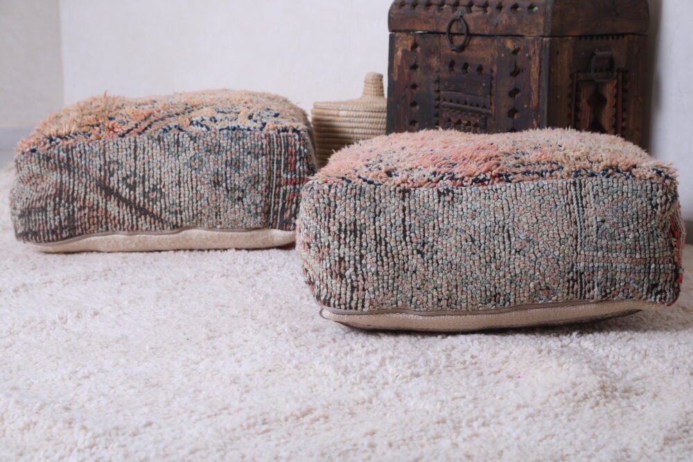 Rustic Peach and Gray Wool Ottomans Pouf Set - Image 6