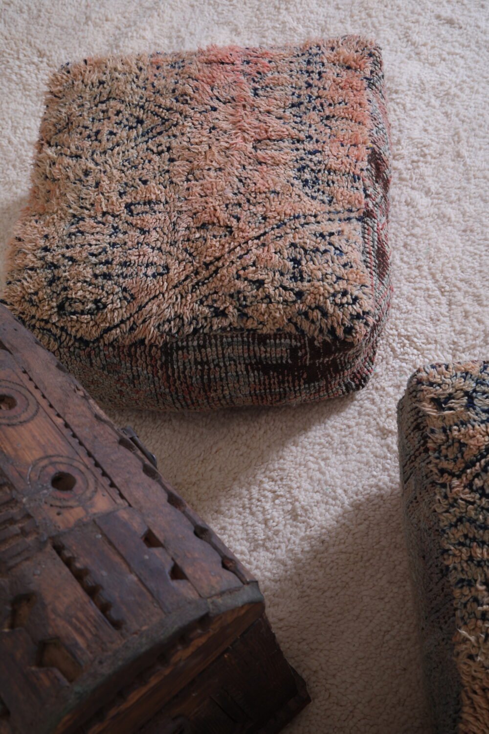 Rustic Peach and Gray Wool Ottomans Pouf Set - Image 7