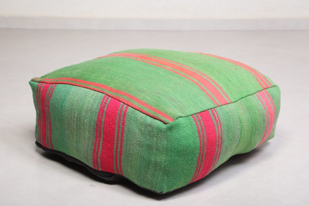 Two Handmade Moroccan Kilim Green Poufs - Image 6