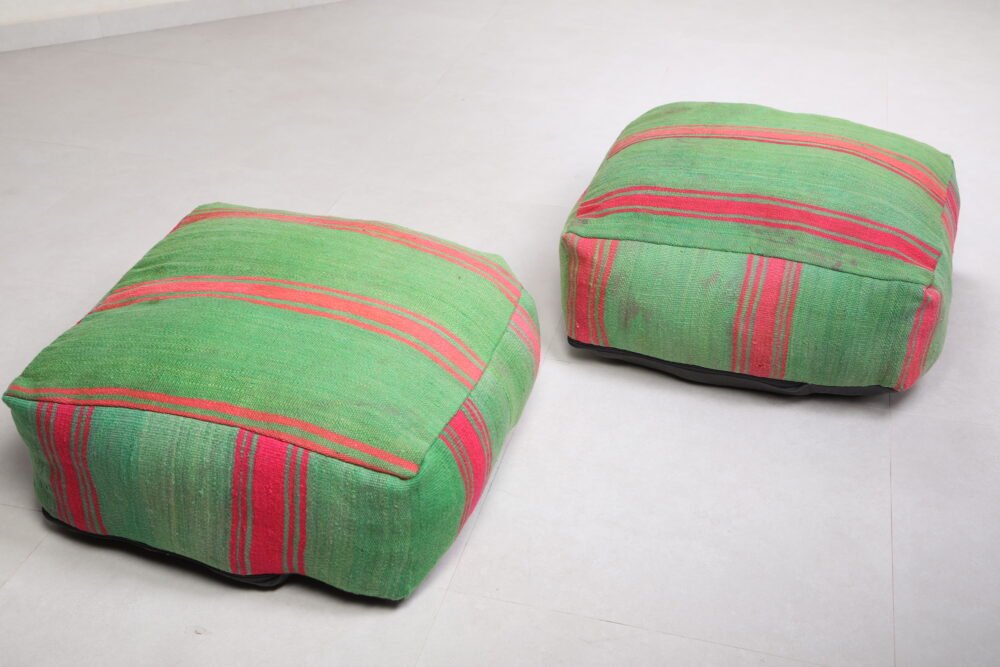 Two Handmade Moroccan Kilim Green Poufs - Image 8