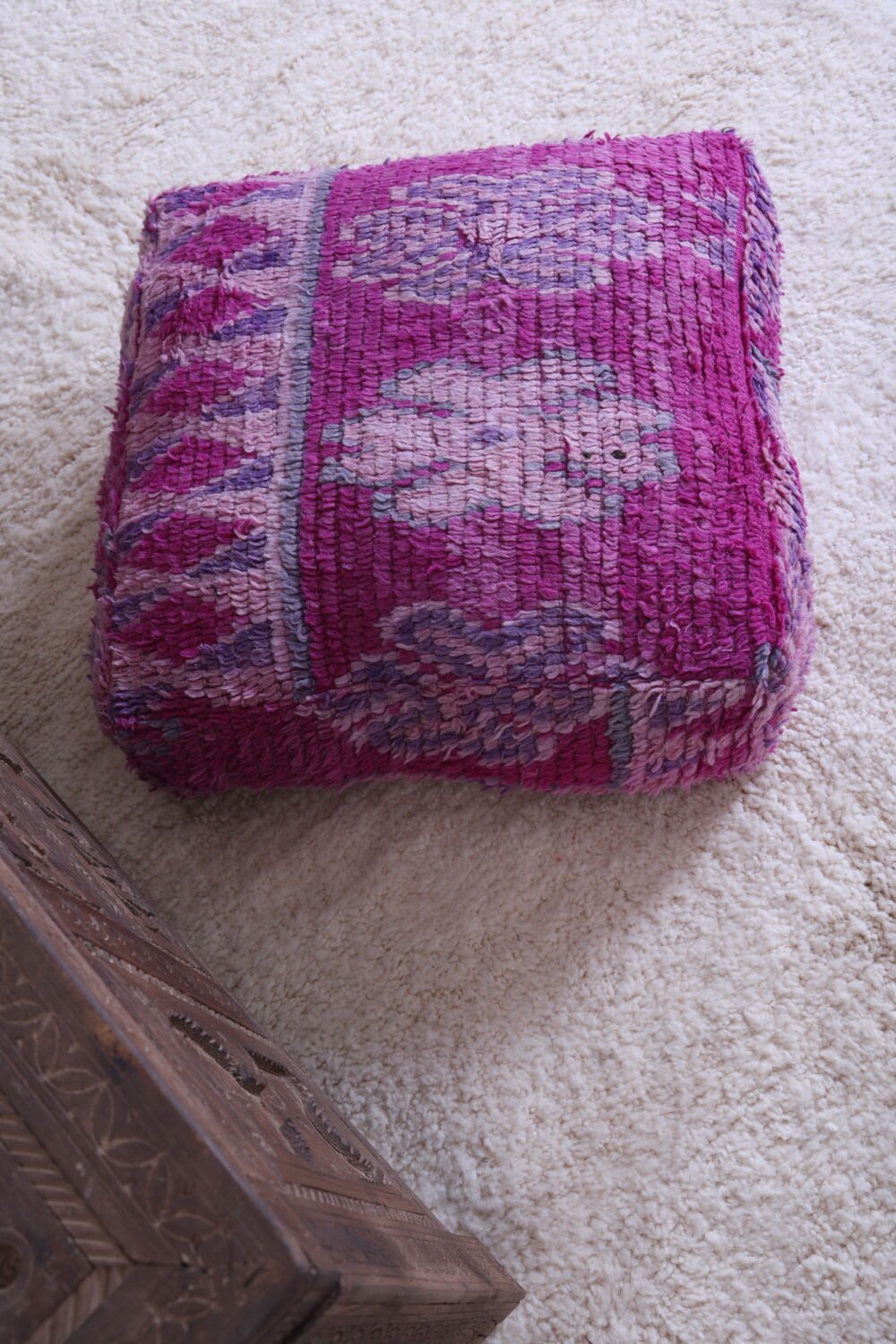 Vintage Pink & Violet Pouf | Handwoven Berber Ottoman - Image 6