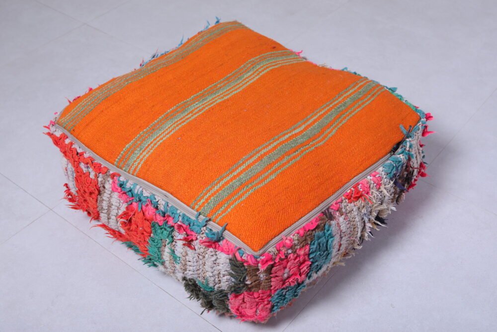 Colorful Moroccan Pouf | Red Pink Shaggy Floor Cushion - Image 4