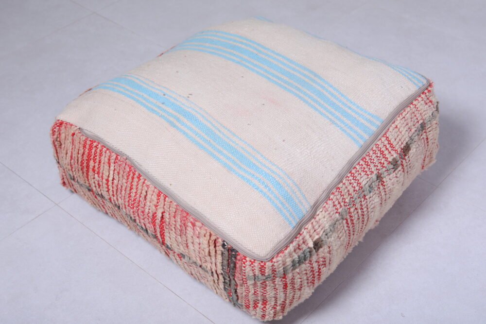 Cream and Blush Moroccan Pouf | Subtle Striped Wool Ottoman - Image 4