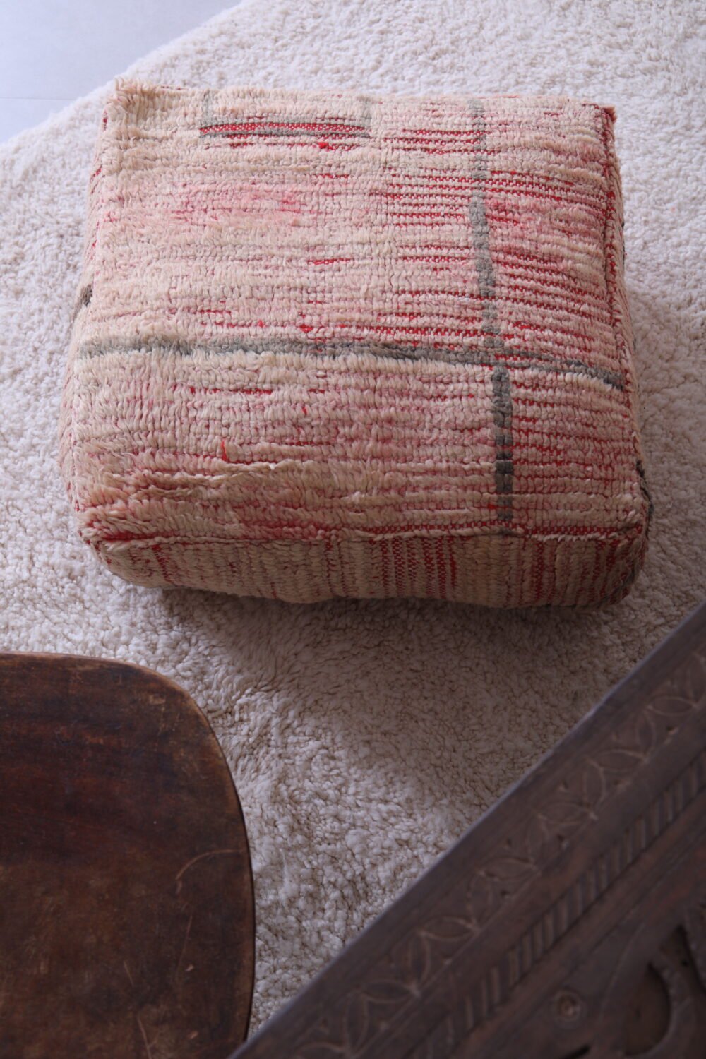 Cream and Blush Moroccan Pouf | Subtle Striped Wool Ottoman - Image 6