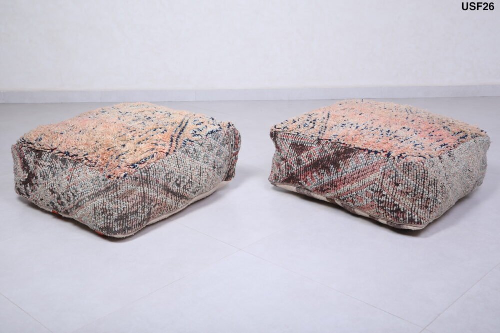 Rustic Peach and Gray Wool Ottomans Pouf Set - Image 8