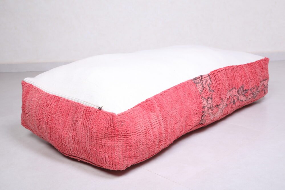 Moroccan Floor Pouf with Pink Floral Band | Long Wool Ottoman - Image 6
