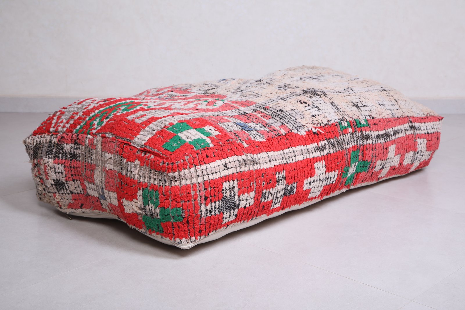 Handwoven Wool Floor Pouf | Red and Green Berber Pillow