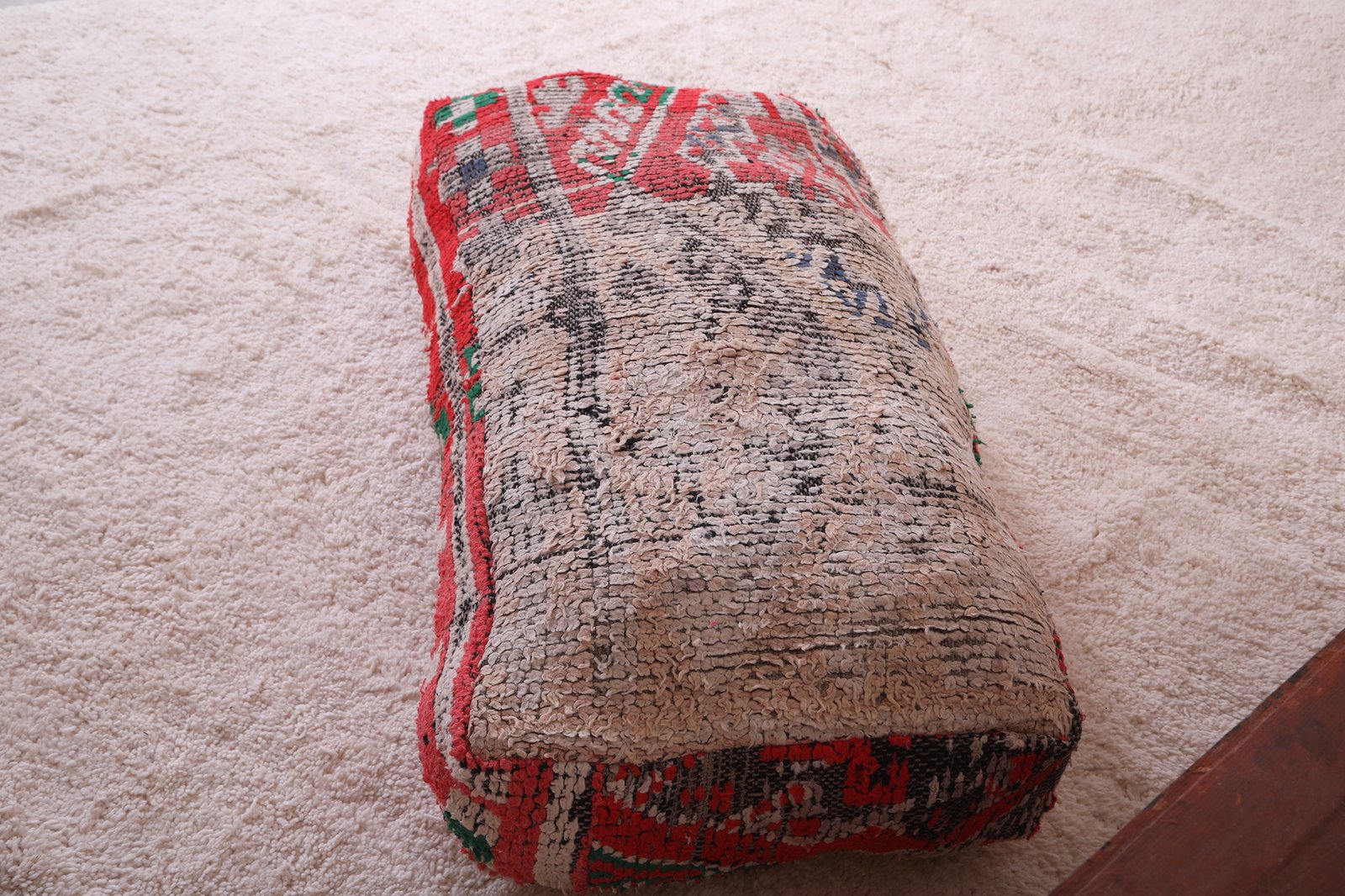 Handwoven Wool Floor Pouf | Red and Green Berber Pillow - Image 2
