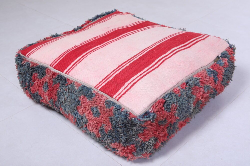 Handmade Moroccan Wool Pouf | Fiery Red and Grey Tribal Ottoman - Image 5