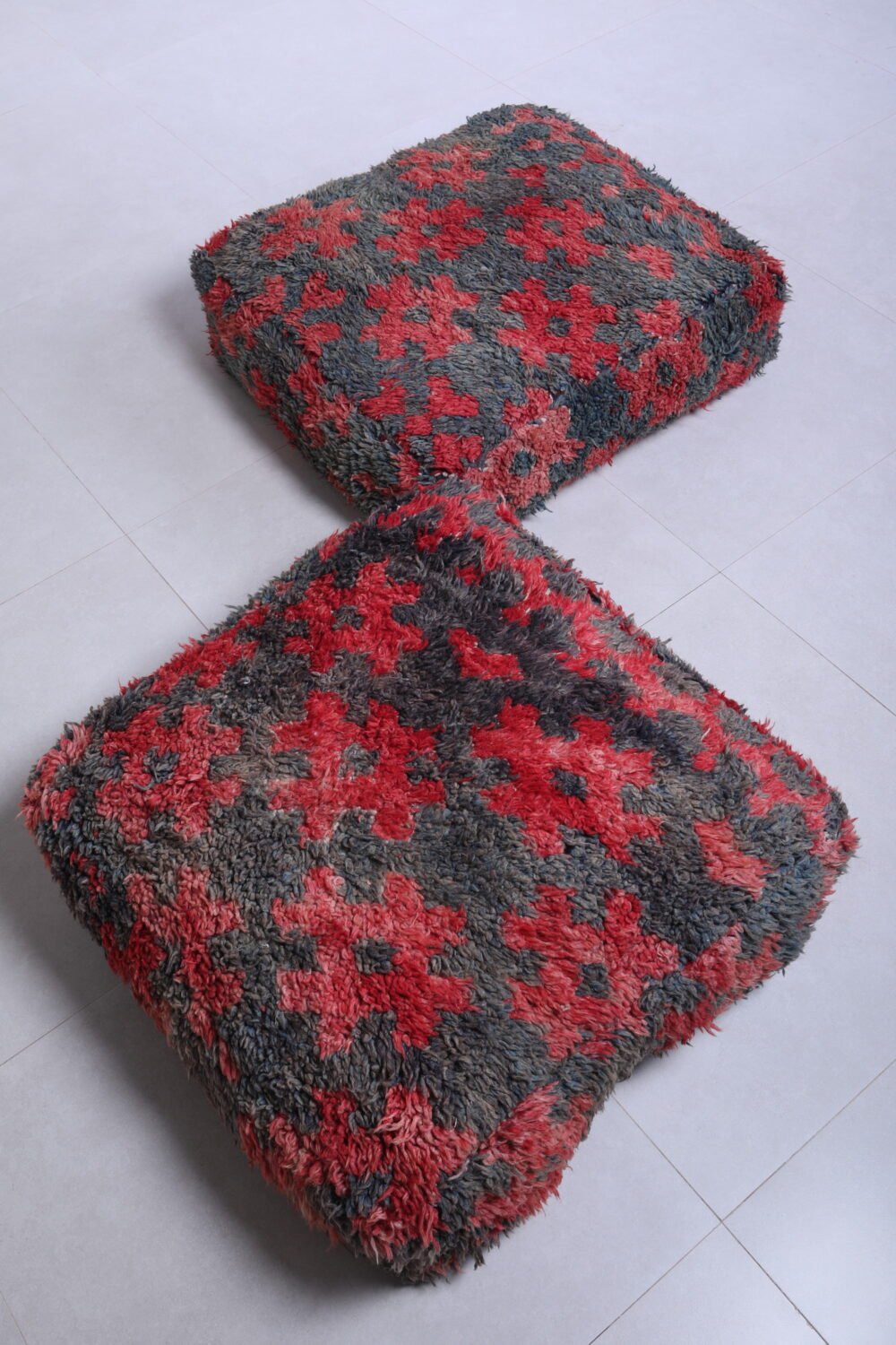 Handmade Moroccan Wool Pouf | Fiery Red and Grey Tribal Ottoman - Image 6