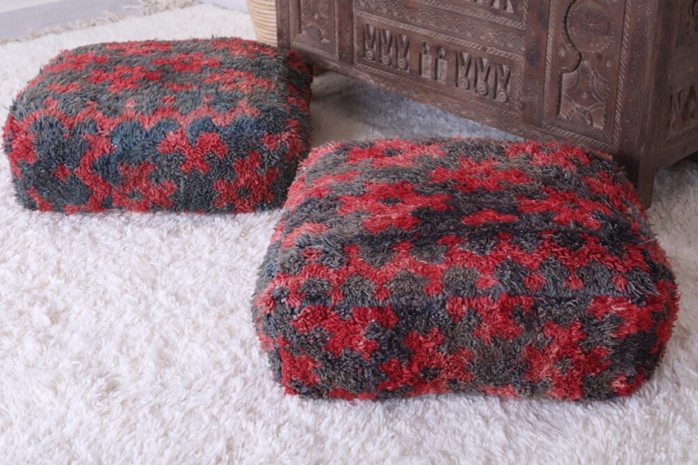 Handmade Moroccan Wool Pouf | Fiery Red and Grey Tribal Ottoman - Image 7