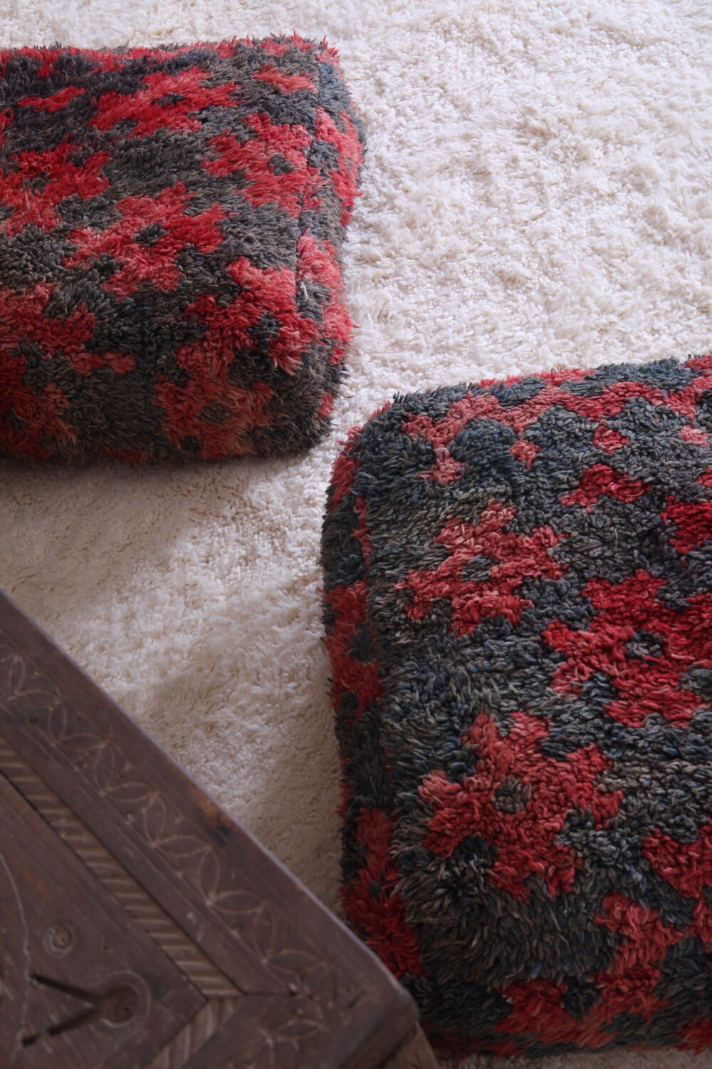 Handmade Moroccan Wool Pouf | Fiery Red and Grey Tribal Ottoman - Image 8