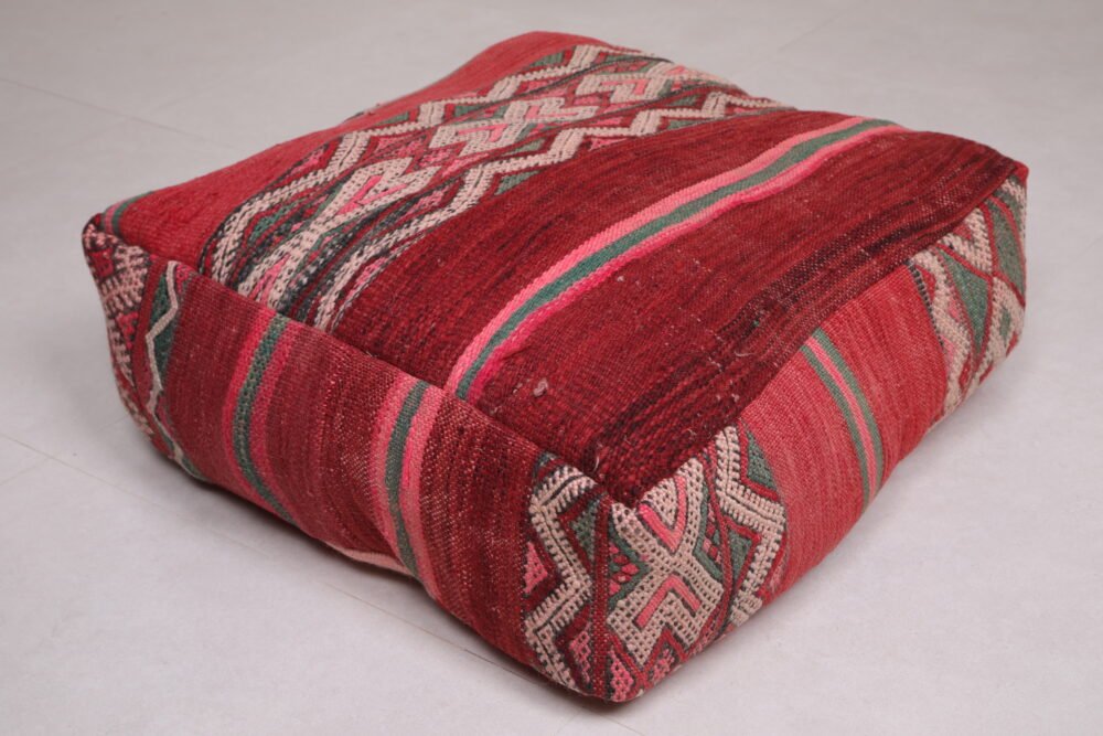 Vintage Kilim Moroccan Pouf | Red and Green Tribal Floor Cushion - Image 2