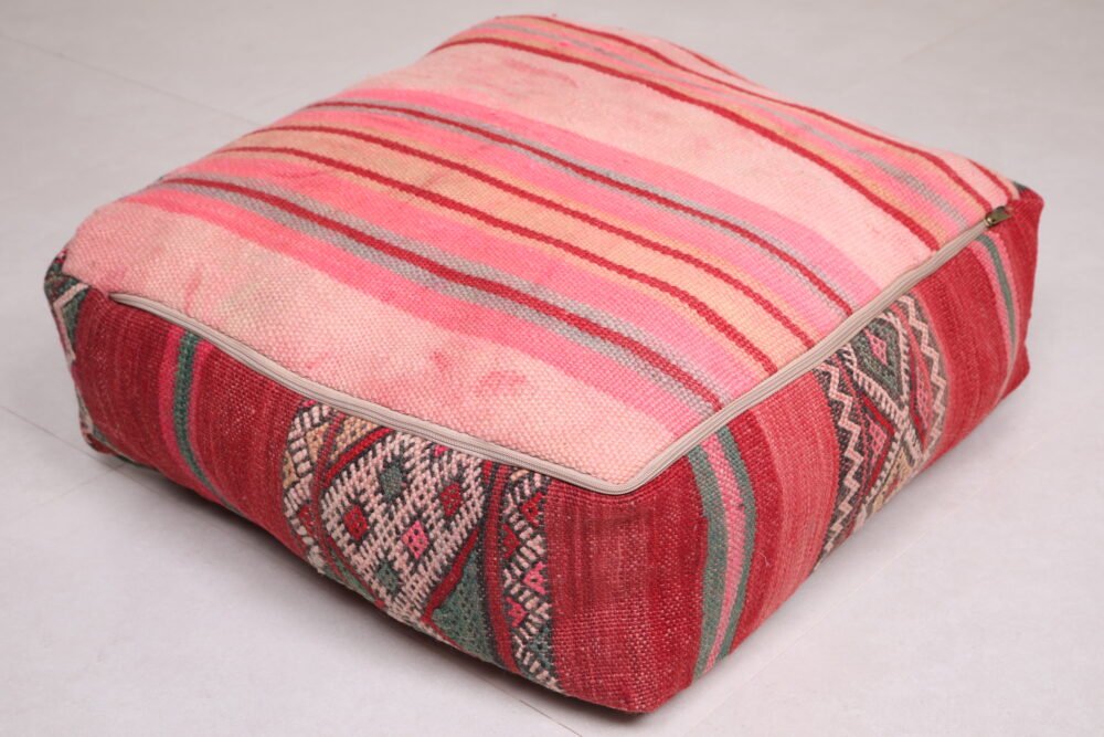 Vintage Kilim Moroccan Pouf | Red and Green Tribal Floor Cushion - Image 4