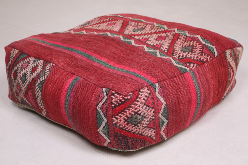 Vintage Kilim Moroccan Pouf | Red and Green Tribal Floor Cushion - Image 5