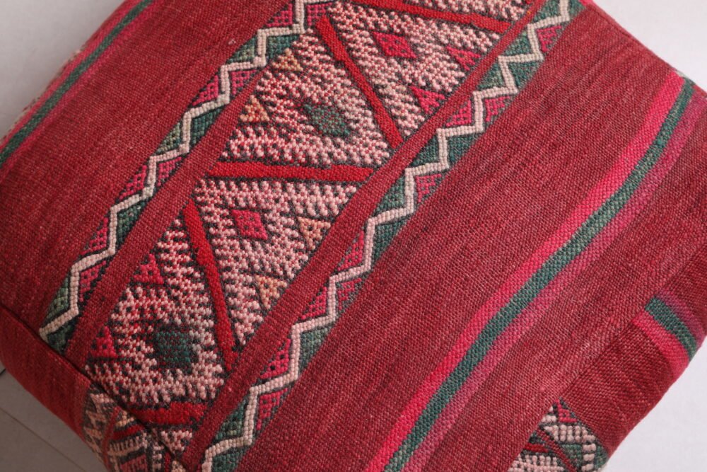 Vintage Kilim Moroccan Pouf | Red and Green Tribal Floor Cushion - Image 6