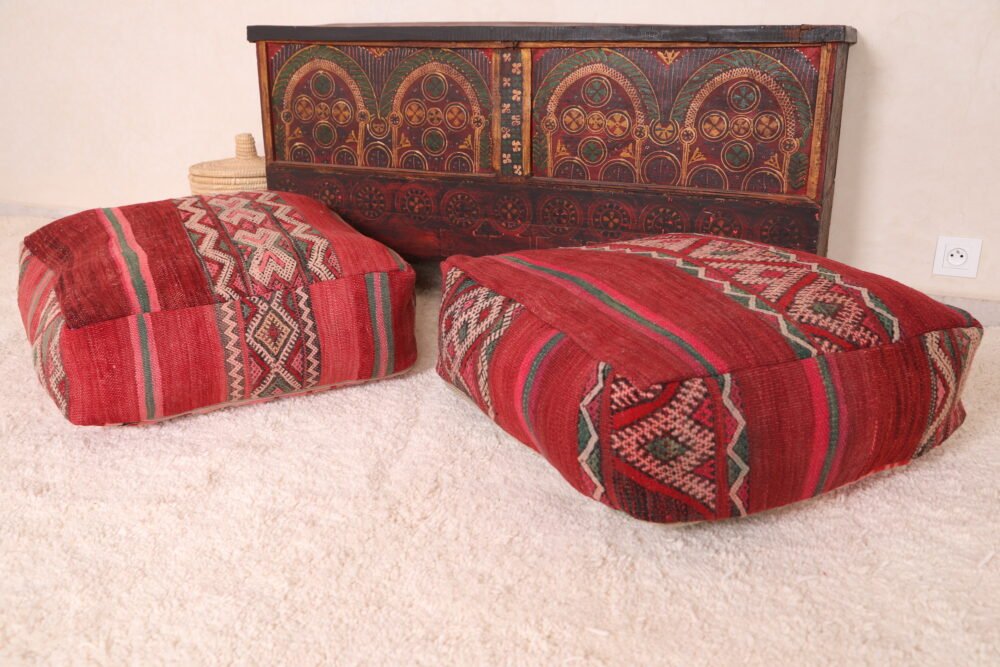 Vintage Kilim Moroccan Pouf | Red and Green Tribal Floor Cushion - Image 8