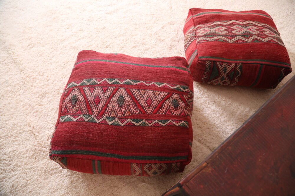 Vintage Kilim Moroccan Pouf | Red and Green Tribal Floor Cushion - Image 9