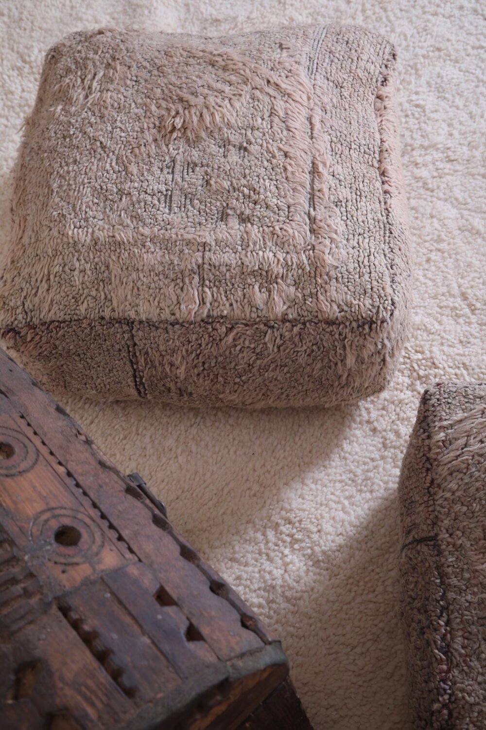 Minimalist Berber Pouf | Pale Cream and Taupe Moroccan Ottoman - Image 9