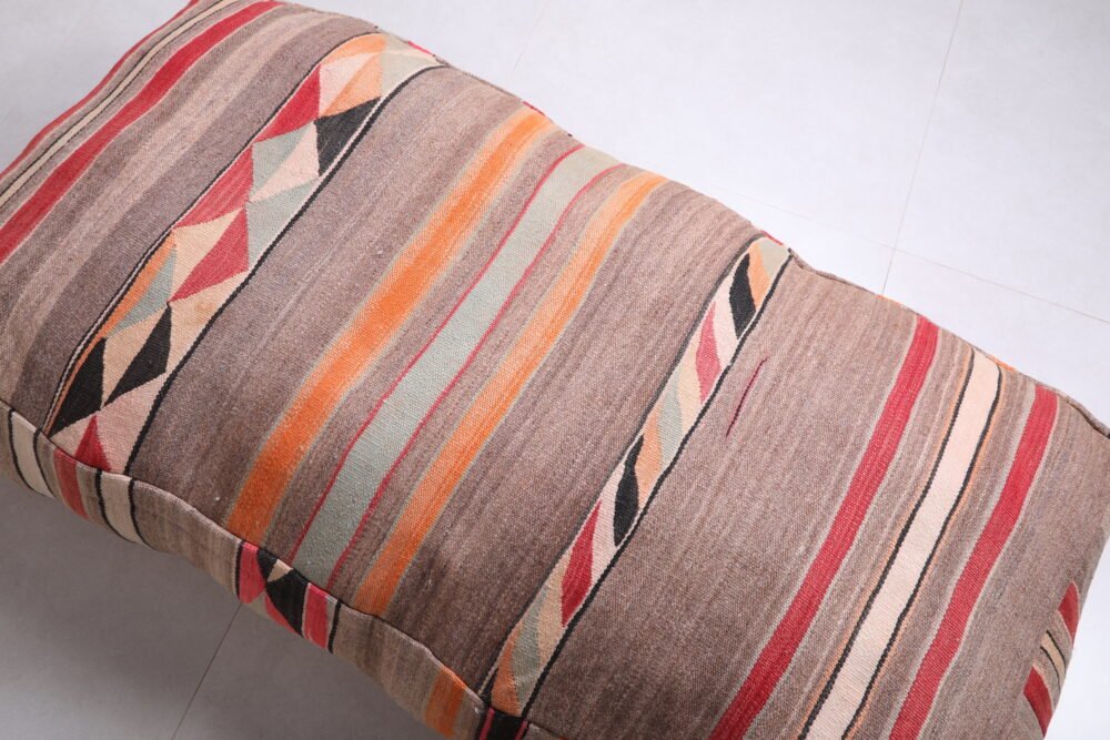Striped Moroccan Kilim Pouf | Warm Earth-Tone Long Cushion - Image 3