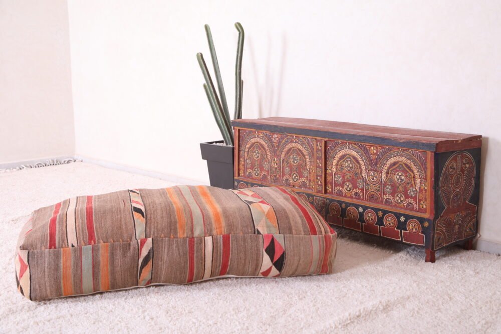 Striped Moroccan Kilim Pouf | Warm Earth-Tone Long Cushion - Image 6