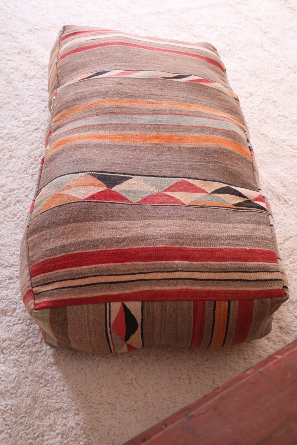 Striped Moroccan Kilim Pouf | Warm Earth-Tone Long Cushion - Image 7