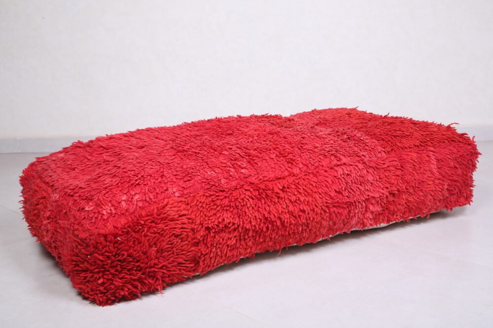 Red Moroccan Wool Pouf | Shaggy Long Floor Cushion - Image 3