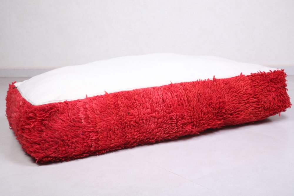 Red Moroccan Wool Pouf | Shaggy Long Floor Cushion - Image 6