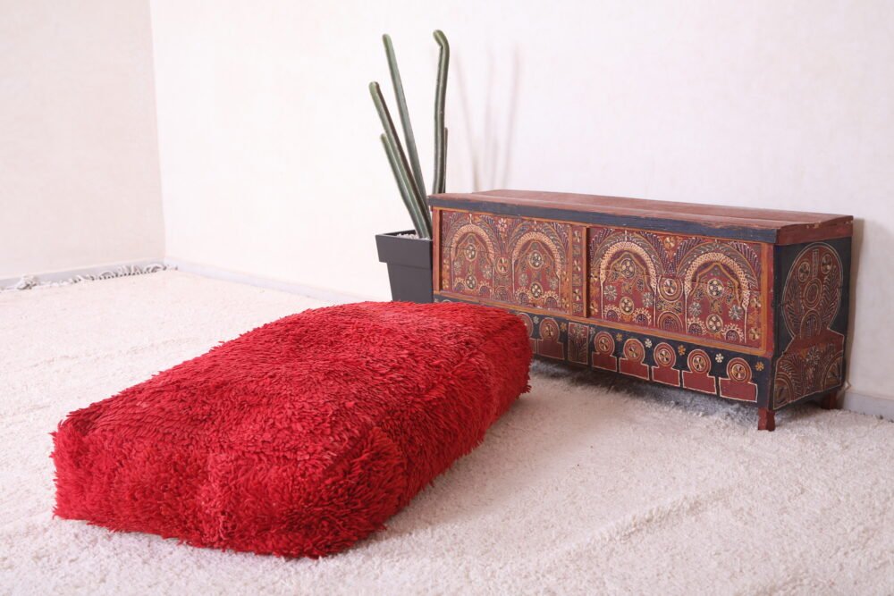 Red Moroccan Wool Pouf | Shaggy Long Floor Cushion - Image 7