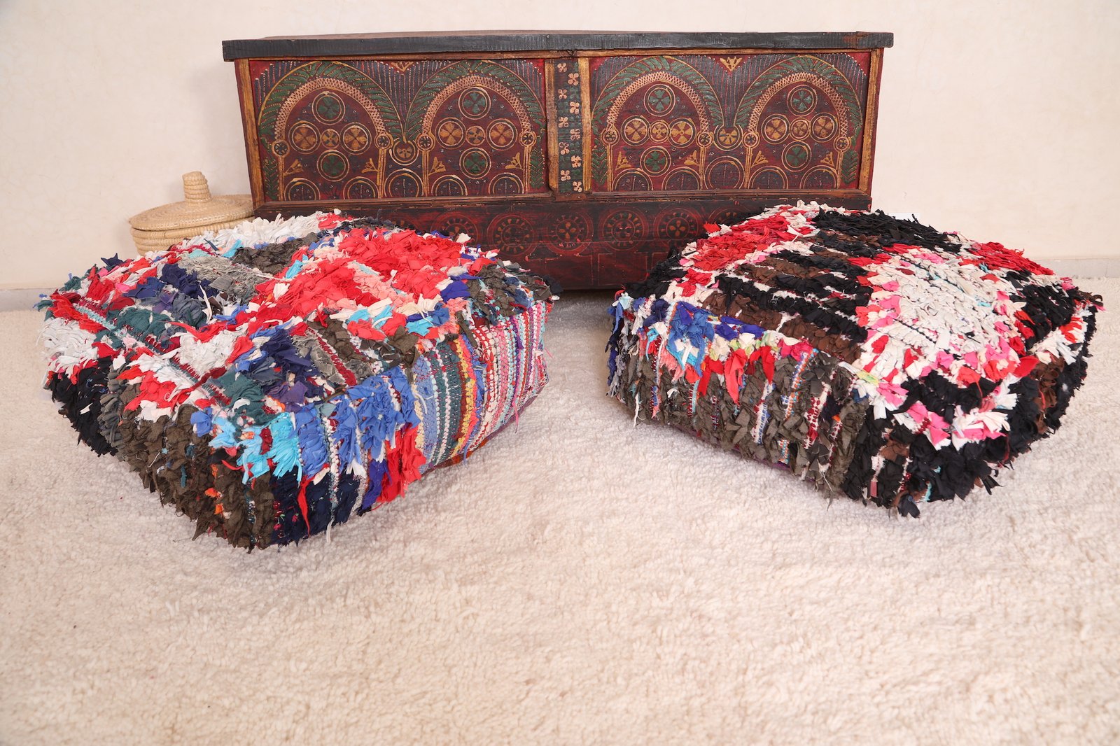 Colorful Moroccan Pouf | Boucherouite Floor Cushion with Shag Texture