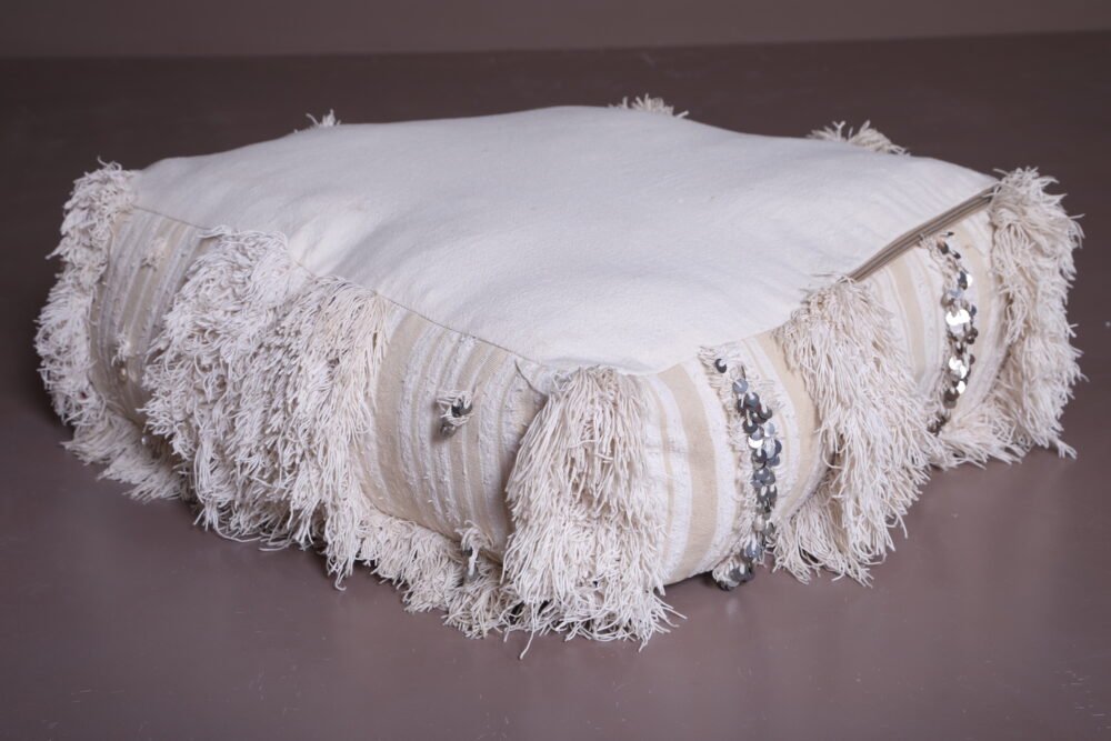 Shaggy Moroccan Wedding Pouf | White Handira Sequin Cushion - Image 4
