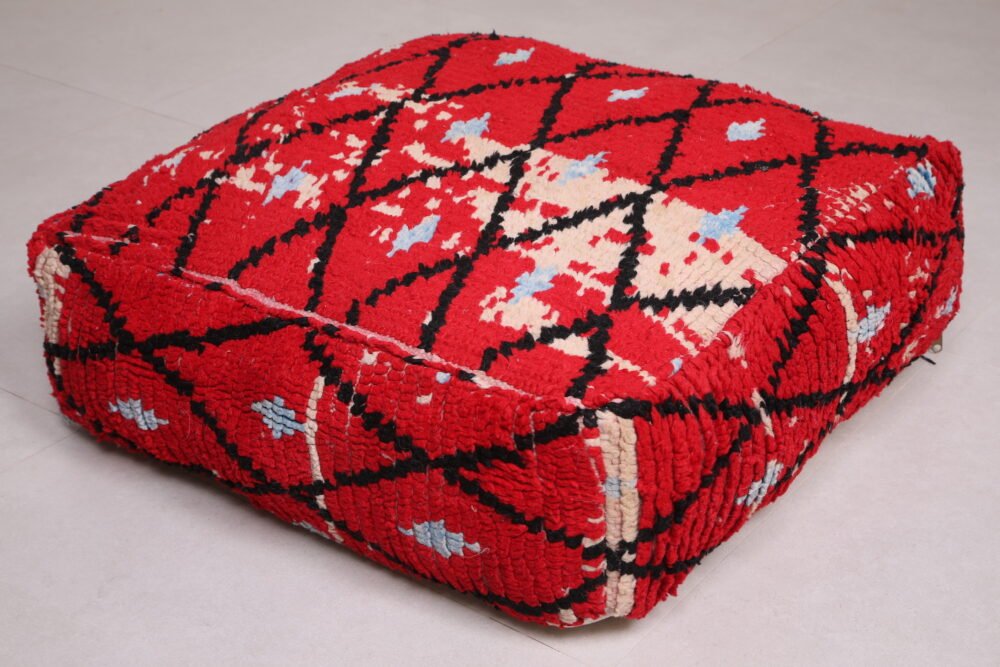 Red Moroccan Pouf | Diamond Lattice Floor Cushion in Wool - Image 2
