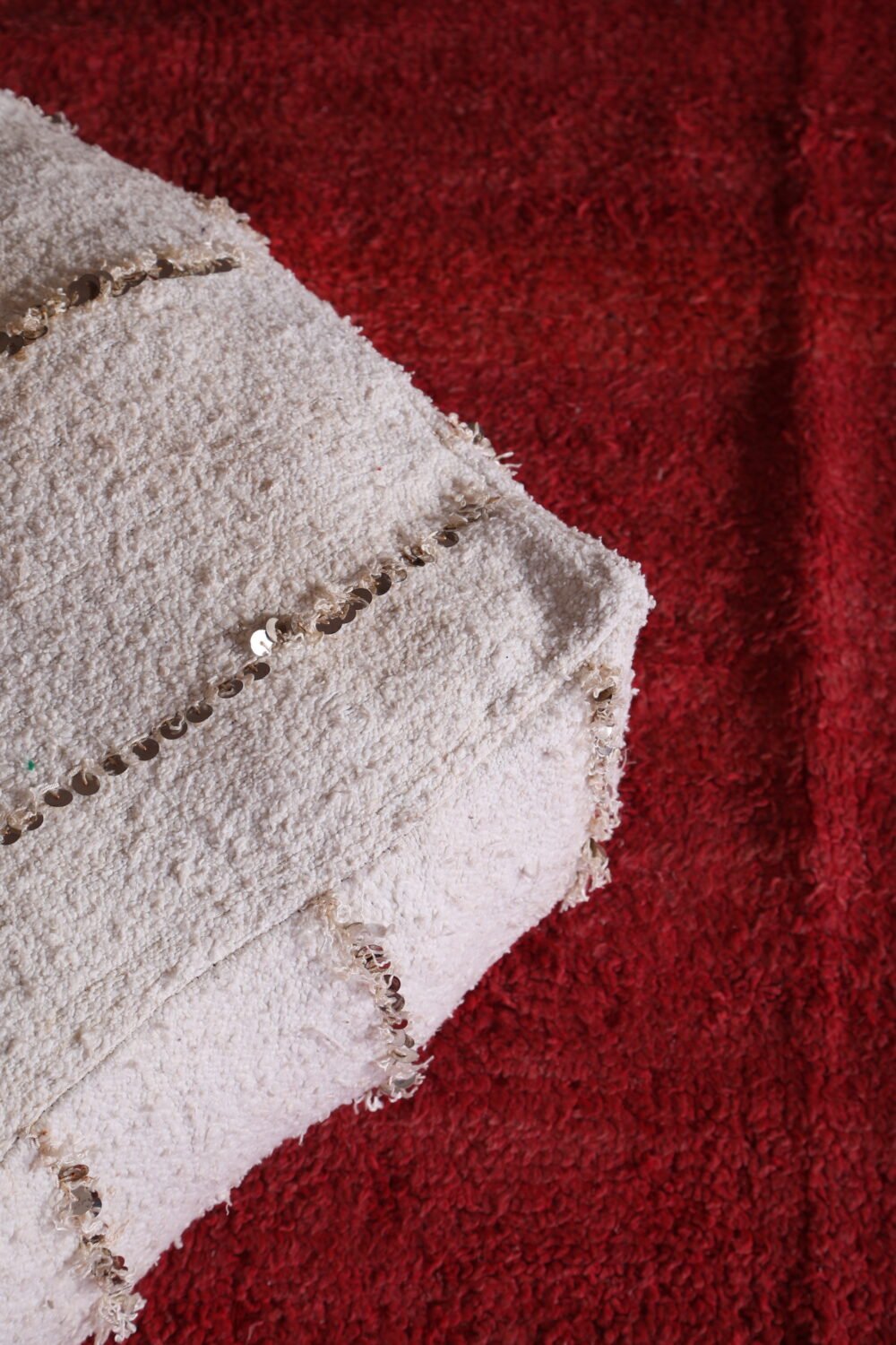 White Moroccan Sequin Pouf | Elegant Handira Cushion - Image 6