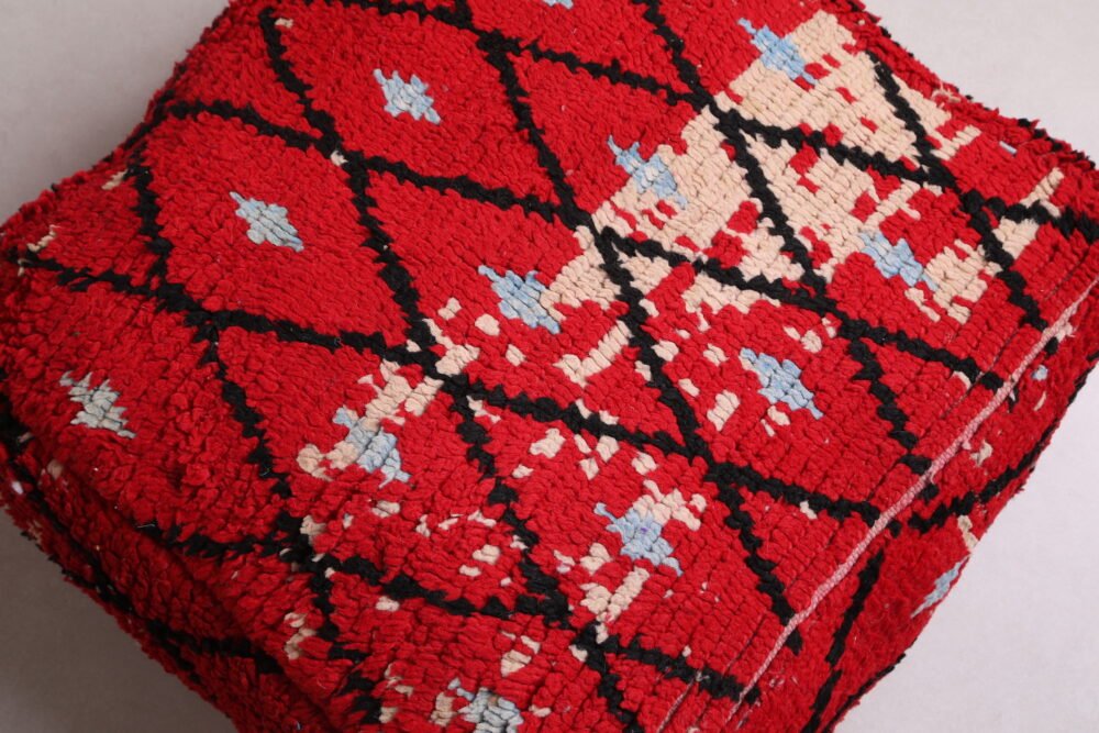 Red Moroccan Pouf | Diamond Lattice Floor Cushion in Wool - Image 3