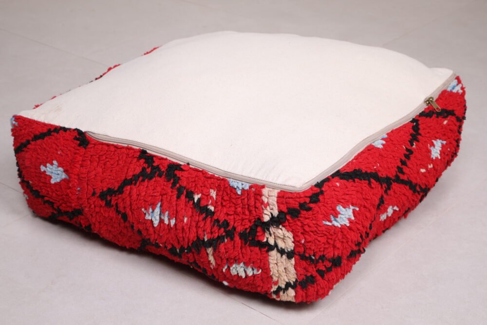 Red Moroccan Pouf | Diamond Lattice Floor Cushion in Wool - Image 4